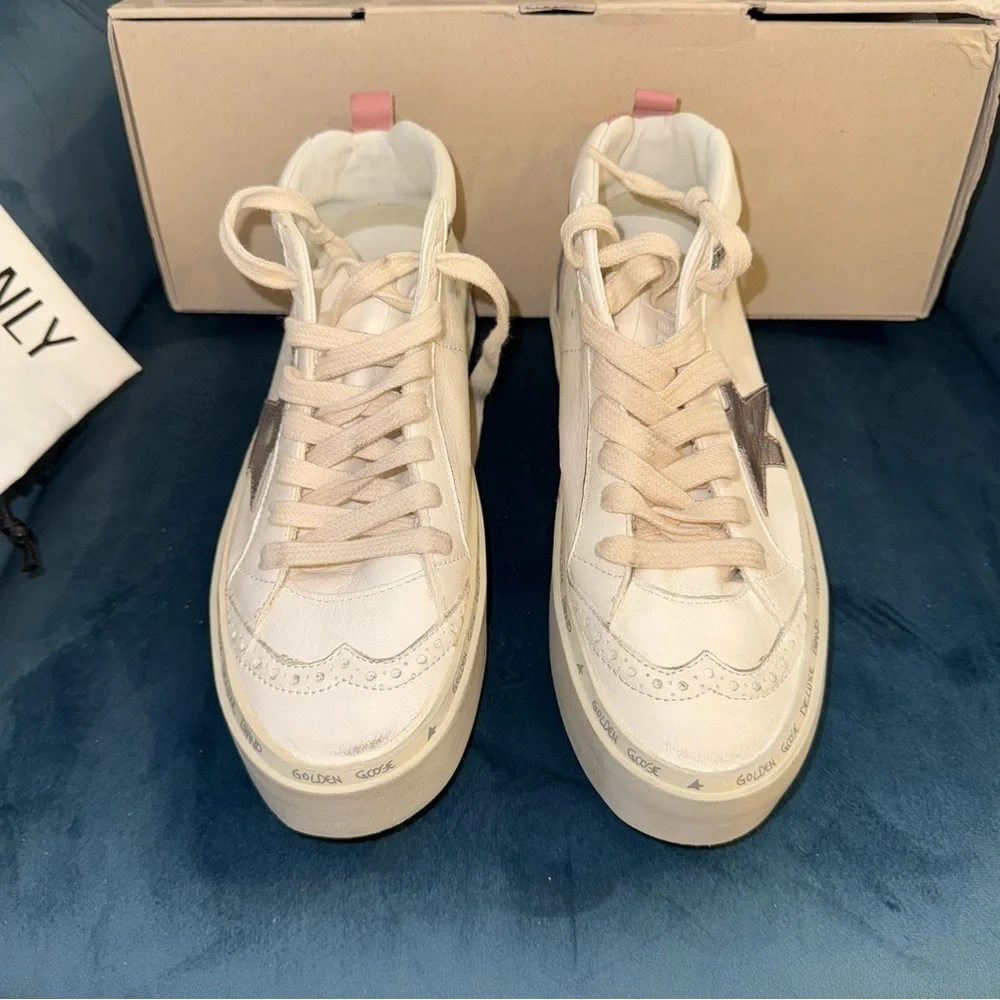 New Size 36 Golden Goose Hi Mid Star Classic Sneakers White Bronze Silver
